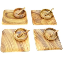 Wood Plates Acacia Wood 12-Piece Appetizer Serving Set with 8" Square Plates, 4" Round Bowls and Spoons