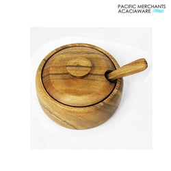 Acacia Wood Serving Trays Acacia Wood Round Condiment with Lid & Spoon, 4" x 4" x 1"