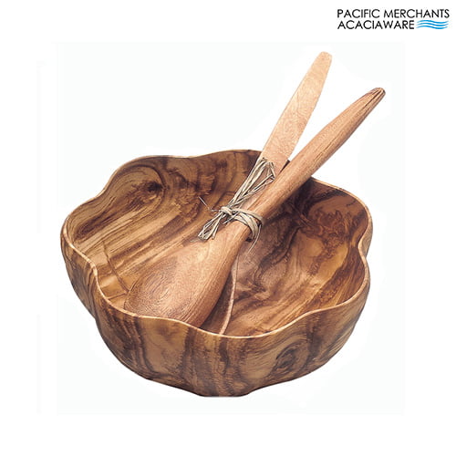 Acacia Wood Round Flared Bowl, 10" x 4", with 12" Salad Servers