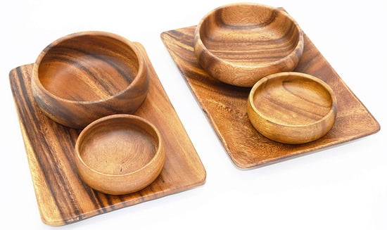 6-pc Acacia Wood Appetizer & Cheese Serving Trays with 2 Salad Bowls and 2 Dipping Bowls