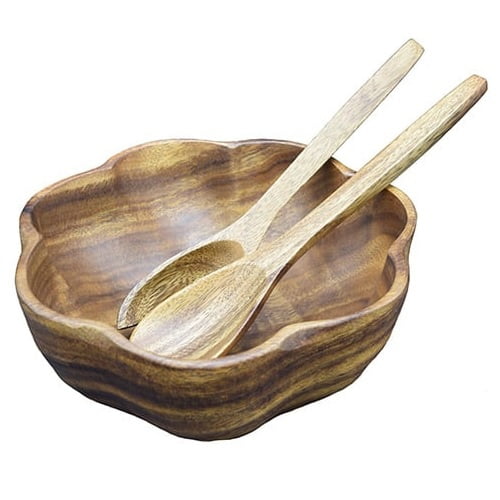 Acacia Wood Round Flared Bowl, 12" x 4", with 12" Salad Servers