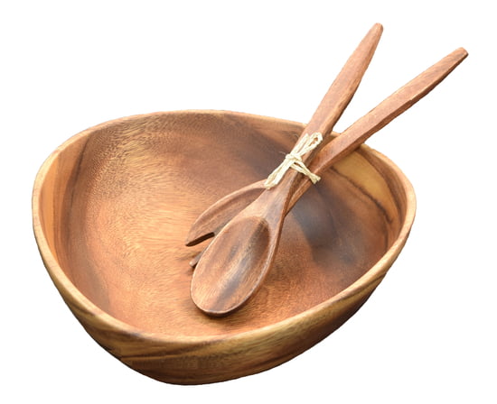 Acacia Wood 3-Sided Bowl, 10" x 4", with 12" Salad Servers