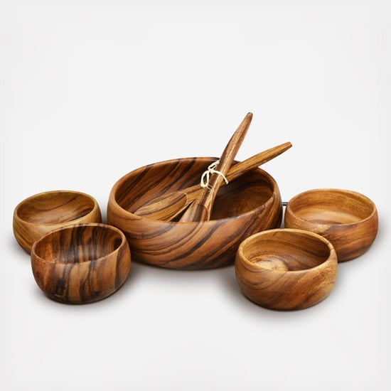 Acacia Wood 7-Piece Round Serving Set with 12" x 4" Salad Bowl, 6" x 3" Salad Bowls and 12" Servers
