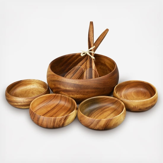 Acacia Wood 7-Piece Round Serving Set with 10" x 4" Salad Bowl, 6" x 2" Salad Bowls and 12" Servers