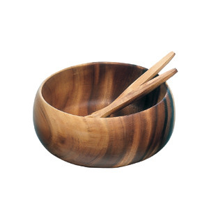 Acacia Wood Round Calabash Bowl, 14" x 6" with Salad Server Set