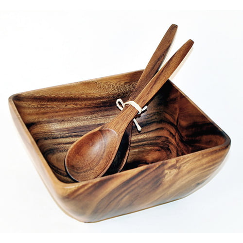 Acacia Wood Square Serving Bowl, 10" x 4.5", with 12" Salad Servers