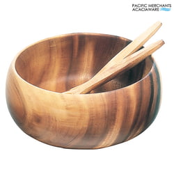 Acacia Wood Round Calabash Bowl, 14" x 6" with Salad Server Set