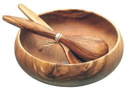 Acacia Wood Round Calabash Salad Bowl, 10" x 3" with Matching Salad Server Set