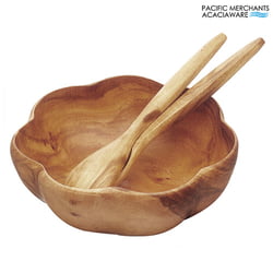 Acacia Wood Round Flared Bowl, 12" x 4", with 12" Salad Servers