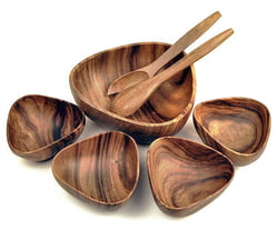 Acacia Wood 7-Piece 3-Sided Serving Set with 10" x 4" Salad Bowl, 6" x 3" Salad Bowls and 12" Servers