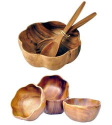 Acacia Wood 7-Piece Flared Serving Set with 10" x 4" Salad Bowl, 6" x 3" Salad Bowls and 12" Servers