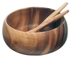 Acacia Wood Round Calabash Bowl, 14" x 6" with Salad Server Set