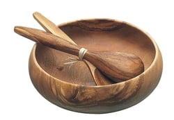 Pacific Merchants Acacia Wood 7-Piece Round 10 x 4 Salad Bowl Set with Four 6 x 2 Salad Bowls and Servers