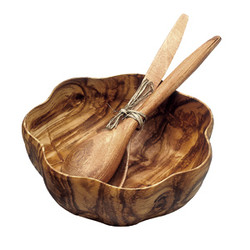 Acacia Wood Round Flared Bowl, 10" x 4", with 12" Salad Servers
