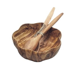 Acacia Wood Round Flared Bowl, 10" x 4", with 12" Salad Servers