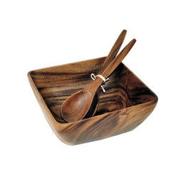Acacia Wood Square Serving Bowl, 10" x 4.5", with 12" Salad Servers