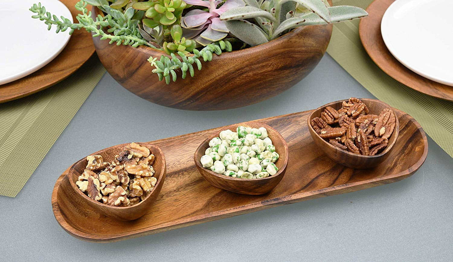 Acacia Wood 3-Sided Nut Dipping Bowl, 4