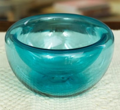 Handblown Recycled Glass Turquoise Bowl in Mexico, "Clear Freshness in Turquoise"