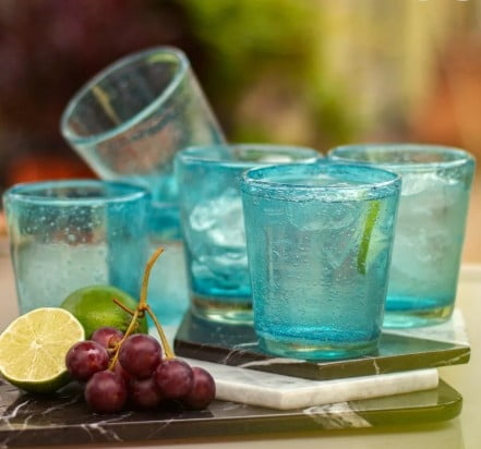 Set of 6 Aquamarine Hand Blown 10 oz Juice Glasses, "Subtle Aqua"