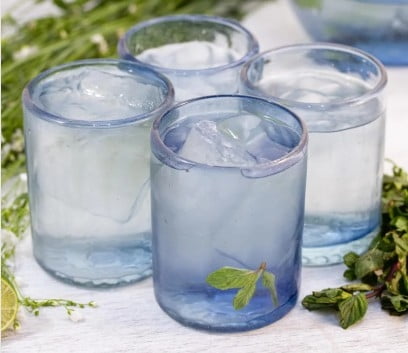 Recycled Hand Blown Juice Glasses in Blue (Set of 6), "Fiesta Azul"