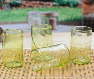 Blown recycled glass tumblers, 'Garden Relaxation in Lemon' (set of 4)