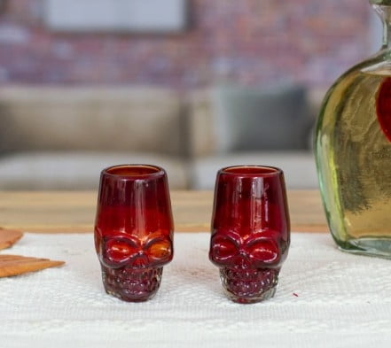 2 Red Skull-Themed Handblown Recycled Glass Tequila Glasses, "Red Mexican Skull"