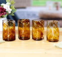 4 Hand Blown Eco-Friendly Recycled Glass Tumblers in Brown, "Garden Relaxation in Amber"