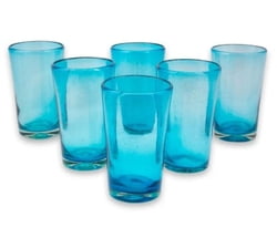 Set of 6 Aquamarine Hand Blown 15 oz Highball Glasses, "Aquamarine Bubbles" Product ID: 380016
