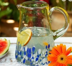 Hand Blown Glass Pitcher with Blue and White from Mexico, "Blown Azure"