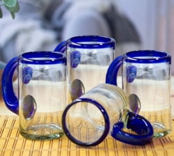 Set of 4 Handblown Beer Glasses with Cobalt Handle and Rim, "Cobalt Classic"