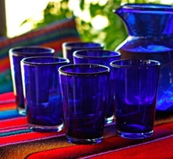 Handblown Recycled Glass Tumbler Drinkware (Set of 6) Blue, "Cobalt Angles"