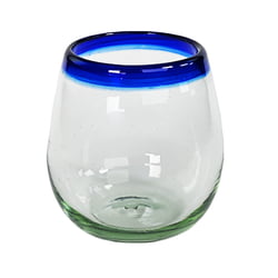 11oz Stemless Wine Glass, Cobalt Blue Rim, Set of 4