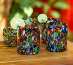 Hand Blown Rocks Glasses with Multicoloured Dots (Set of 6), "Mod Spots"