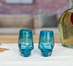 2 Aqua-Hued Handblown Recycled Glass Skull Tequila Glasses, "Aqua Mexican Skull"