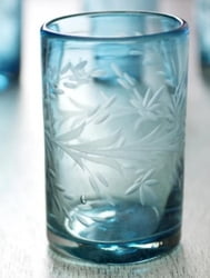 Etched glasses, 'Aquamarine Flowers' (set of 6)