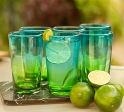 6 Artisan Crafted Blue Green Blown Glass Highball Glasses, "Aurora Tapatia"