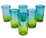 6 Artisan Crafted Blue Green Blown Glass Highball Glasses, "Aurora Tapatia"