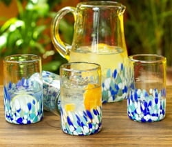 Blue and White Spotted Glass Tumblers from Mexico (Set of 6), "Blown Blue"