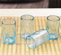 4 Hand Blown Blue Recycled Glass Tequila Glasses from Mexico, "Blue Mezcaleros"