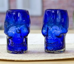 Two Blue Skull-Themed Handblown Recycled Glass Tumblers, "Blue Mexican Skull"