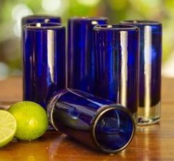 Set of 6 Blue Hand Blown Mexican Tequila Shot Glasses, "Pure Cobalt"