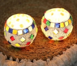 Glass Mosaic Tealight Candleholders (Pair), "Dancing Diamonds"