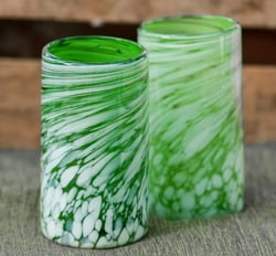 Set of 6 Green Artisan Crafted Hand Blown Glasses, "Festive Green"