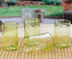 Blown recycled glass tumblers, 'Garden Relaxation in Lemon' (set of 4)
