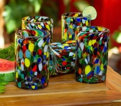 Multicoloured Spotted Glass Tumblers from Mexico (Set of 6), "Large Mod Spots"