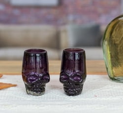 2 Handblown Recycled Glass Tequila Glasses with Skull Motif, "Purple Mexican Skull"
