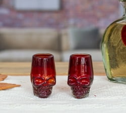 2 Red Skull-Themed Handblown Recycled Glass Tequila Glasses, "Red Mexican Skull"