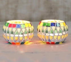 Colorful Glass Mosaic Tealight Holders from India (Pair), "Vibrant Leaves"