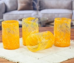 Set of 4 Orange Mexican Handblown Recycled Glass Tumblers, "Garden Relaxation in Mango"
