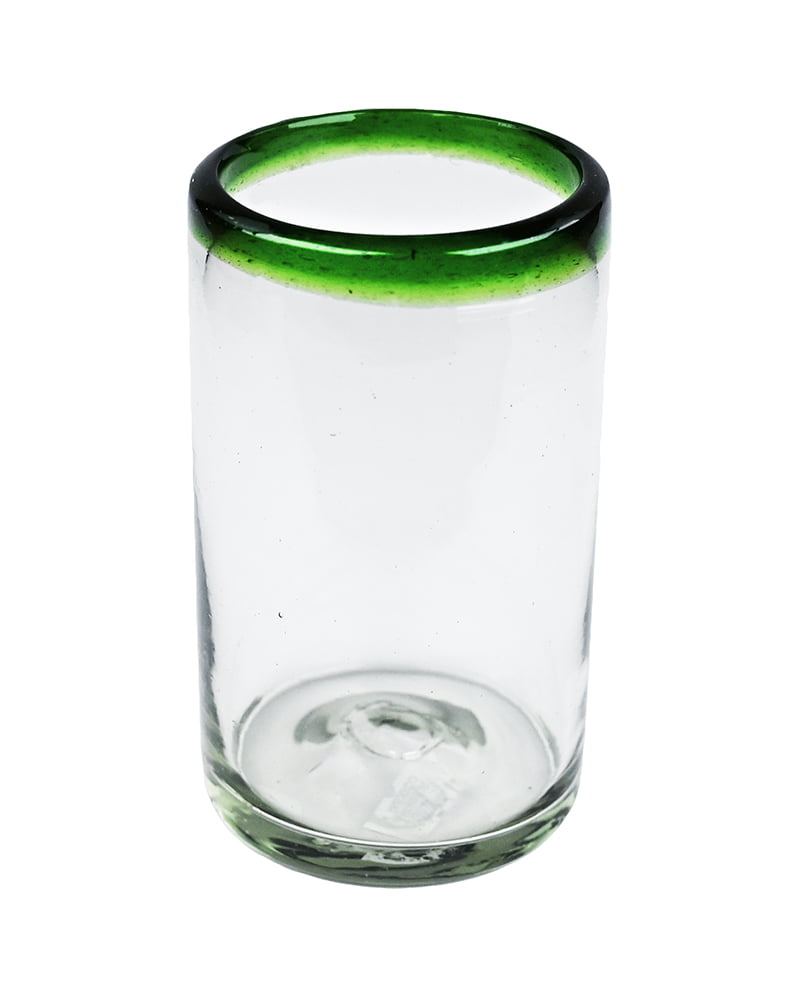 MG017 - 16oz Tumbler, Green Rim, Set of 4 - Hand Blown Recycled Glass From Mexico